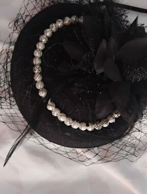 Black Pearl-Trim Veiled Cocktail Hat